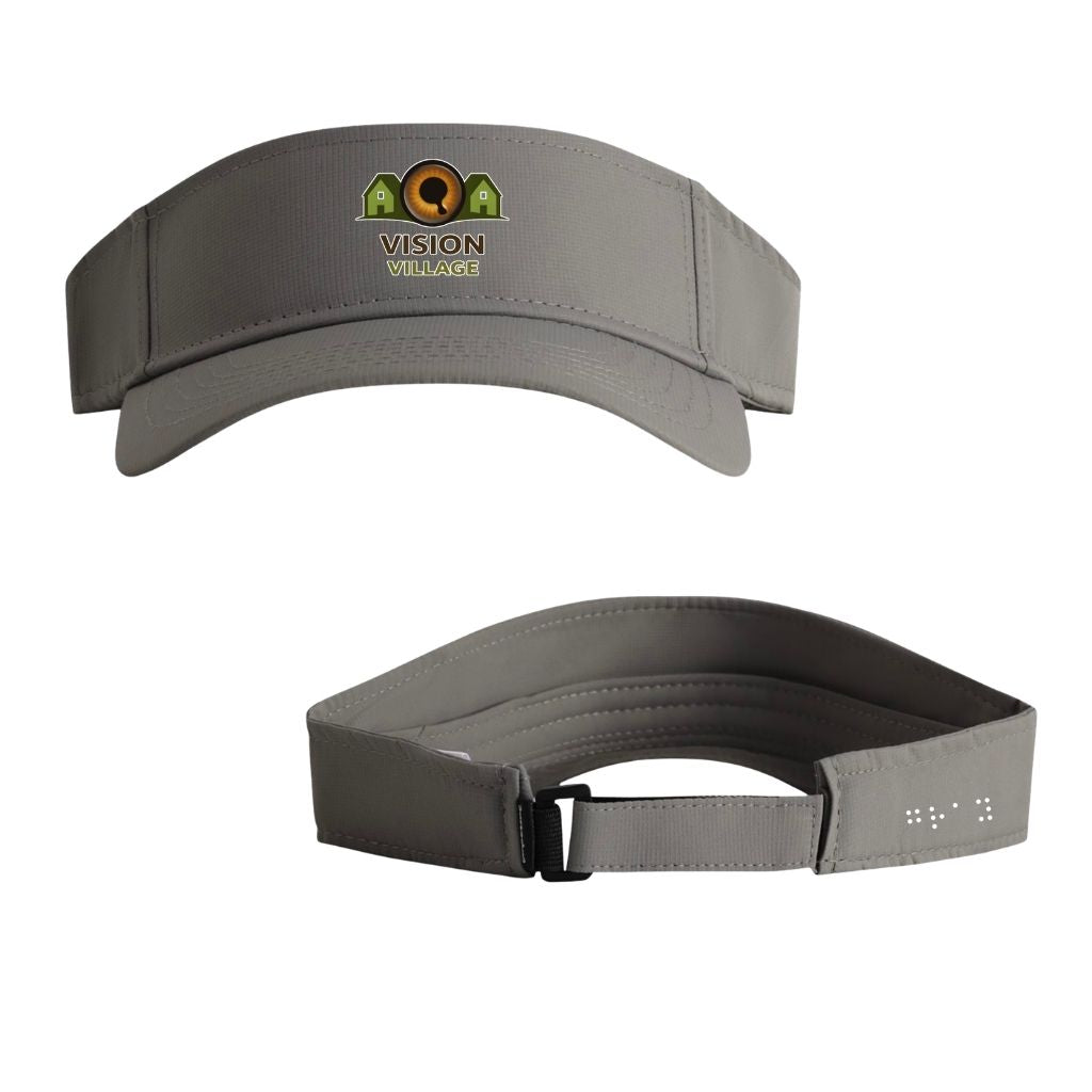 Gray visor with vision village logo on the front, and the word gray in braille on the back