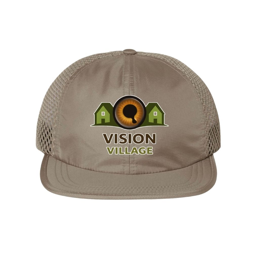 Khaki dri-fit hat with mesh sides and back with the vision village logo on the front