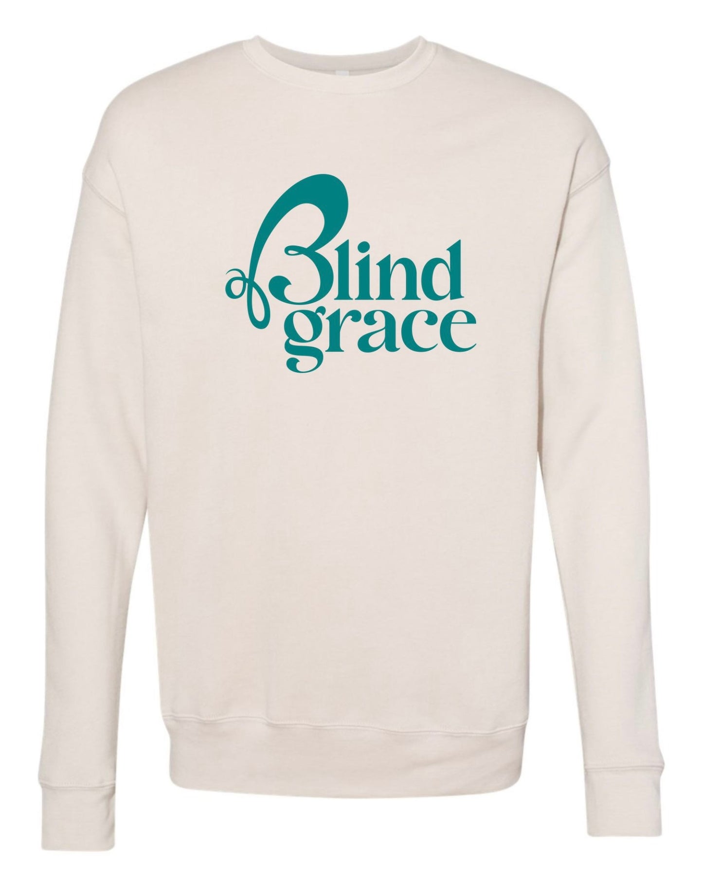 Cream sweatshirt with teal blind grace logo