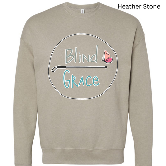 Heather stone crewneck sweatshirt with the original blind Grace logo (blind in olive green over a cane with Grace in turquoise and a pink and peach butterfly) outlined in white