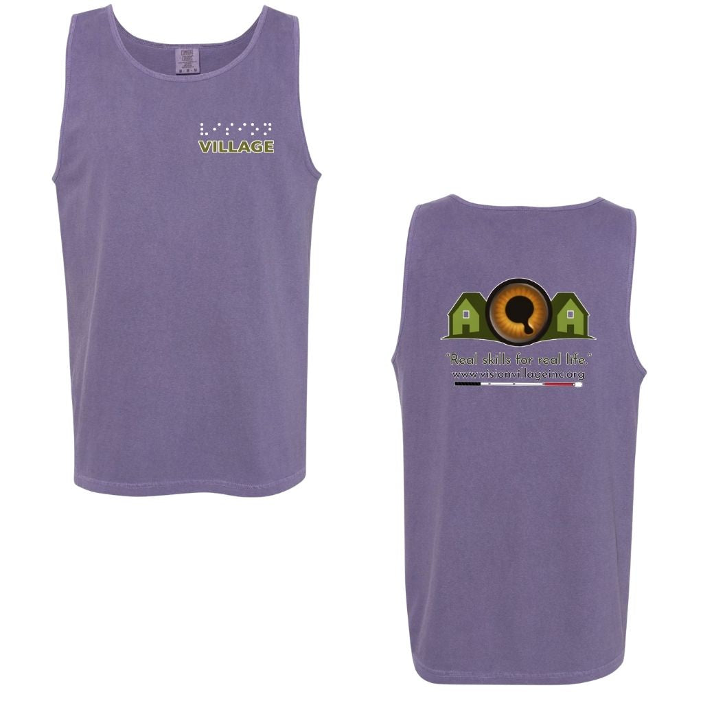 Grape tank top with left chest graphic on the front that has the word vision in braille and the word village in print. The back has the Vision Village logo with the words “real skills for real life” underneath. Below that is the non-profit’s email address, www.visionvillageinc.org, and a graphic of a white cane.