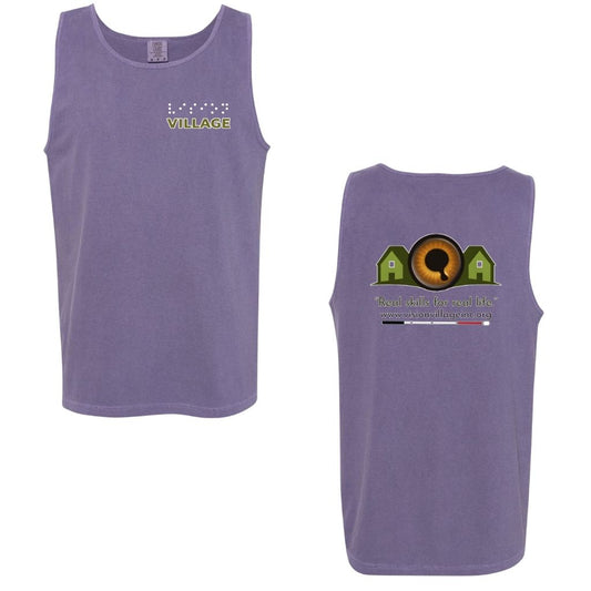 Grape tank top with left chest graphic on the front that has the word vision in braille and the word village in print. The back has the Vision Village logo with the words “real skills for real life” underneath. Below that is the non-profit’s email address, www.visionvillageinc.org, and a graphic of a white cane.