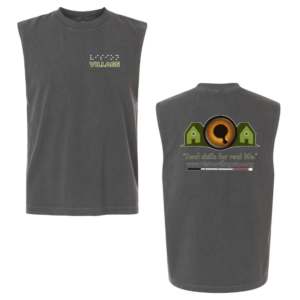Faded black muscle tank with left chest graphic on the front that has the word vision in braille and the word village in print. The back has the Vision Village logo with the words “real skills for real life” underneath. Below that is the non-profit’s email address, www.visionvillageinc.org, and a graphic of a white cane.
