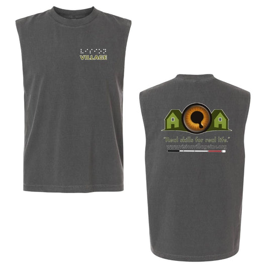 Faded black muscle tank with left chest graphic on the front that has the word vision in braille and the word village in print. The back has the Vision Village logo with the words “real skills for real life” underneath. Below that is the non-profit’s email address, www.visionvillageinc.org, and a graphic of a white cane.