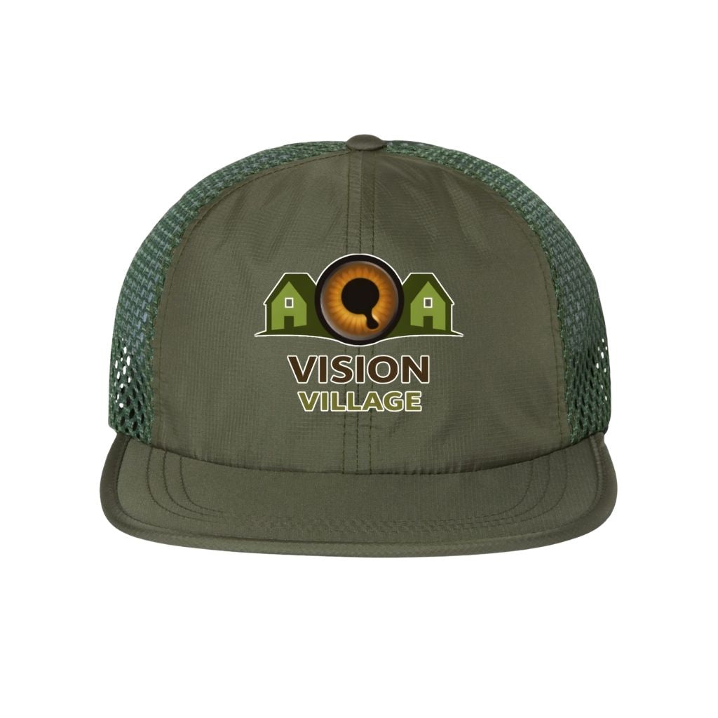 Olive dri-fit hat with mesh sides and back with the vision village logo on the front 