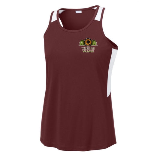 Maroon dri-fit tank top with left chest vision village logo 