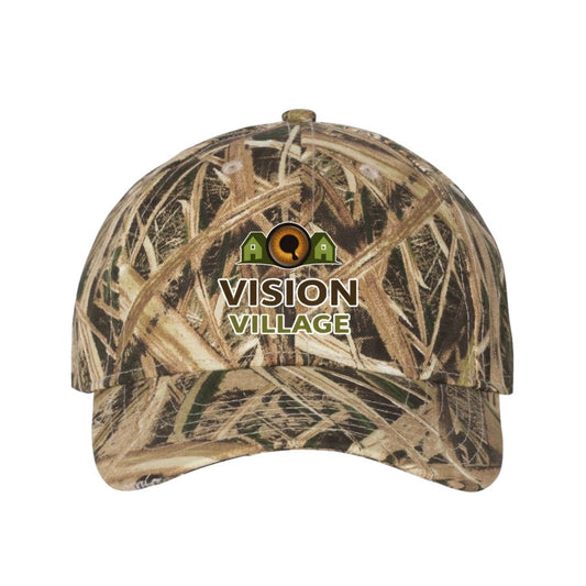 Mossy Oak Shadow hat with the vision village logo on the front 