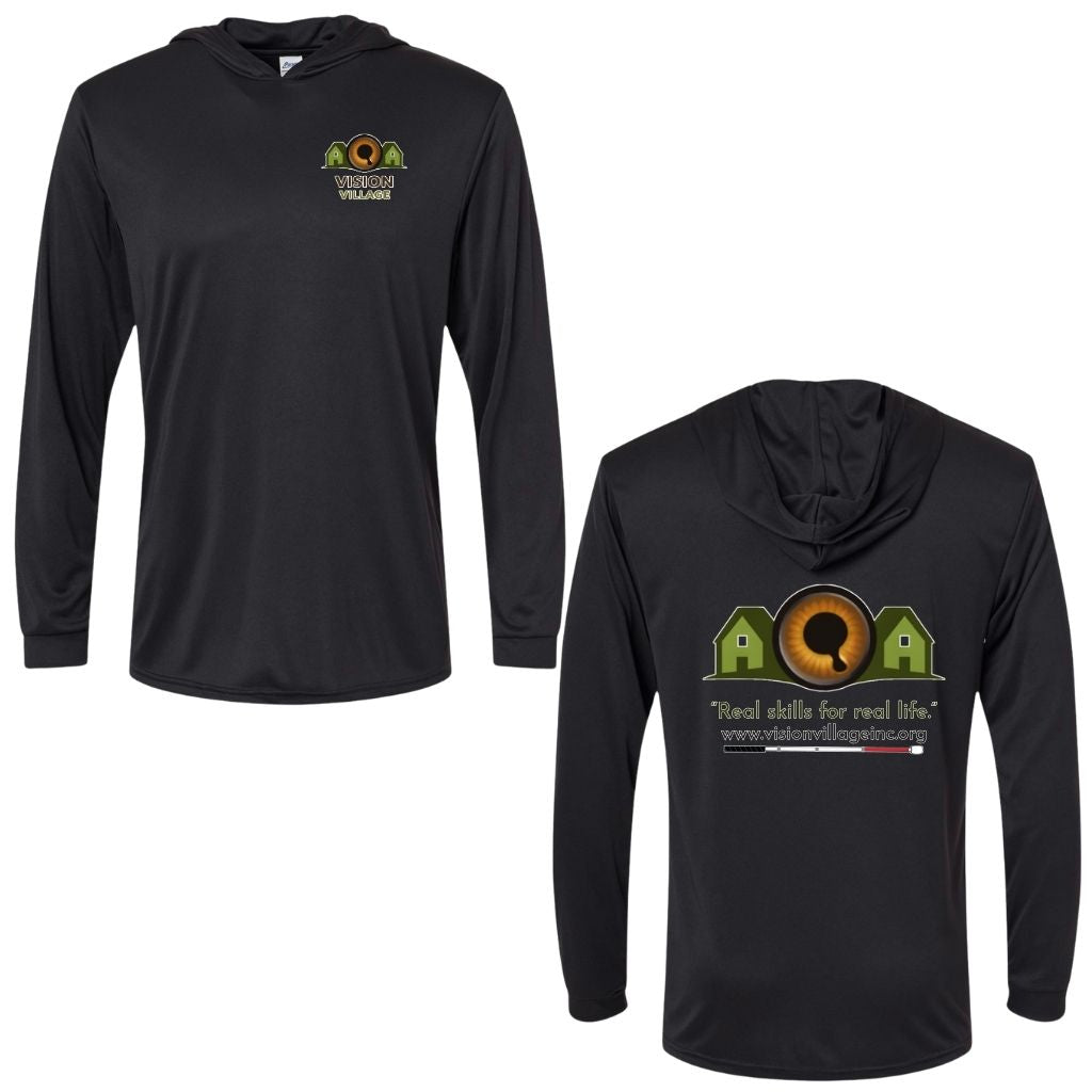 Black long sleeve hooded performance t-shirt with Vision Village left chest graphic on the front. The back has the Vision Village logo with the words “real skills for real life” underneath. Below that is the non-profit’s email address, www.visionvillageinc.org, and a graphic of a white cane.