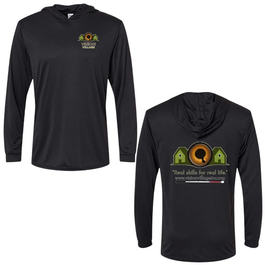 Black long sleeve hooded performance t-shirt with Vision Village left chest graphic on the front. The back has the Vision Village logo with the words “real skills for real life” underneath. Below that is the non-profit’s email address, www.visionvillageinc.org, and a graphic of a white cane.