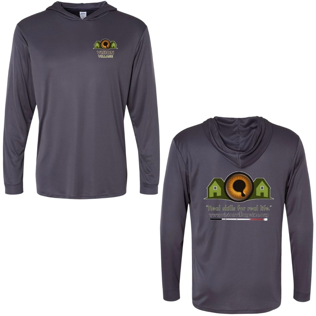 Graphite long sleeve hooded performance t-shirt with Vision Village left chest graphic on the front. The back has the Vision Village logo with the words “real skills for real life” underneath. Below that is the non-profit’s email address, www.visionvillageinc.org, and a graphic of a white cane.