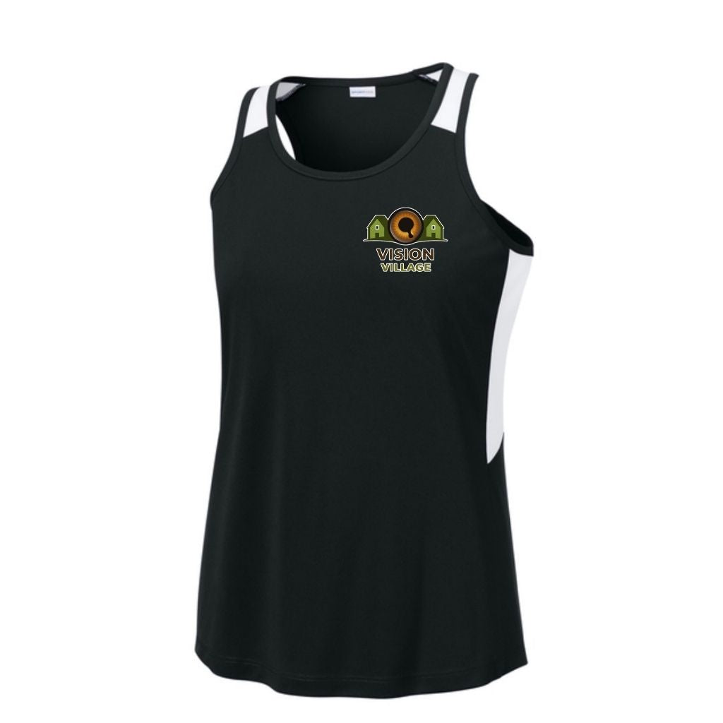Black dri-fit tank top with left chest vision village logo 