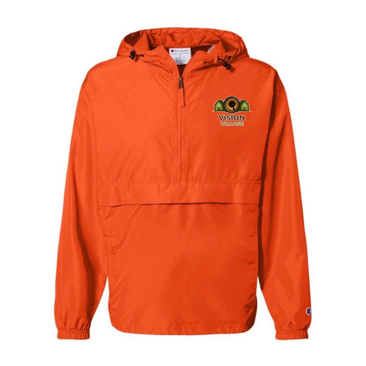 Orange packable anorak jacket with Vision Village left chest logo