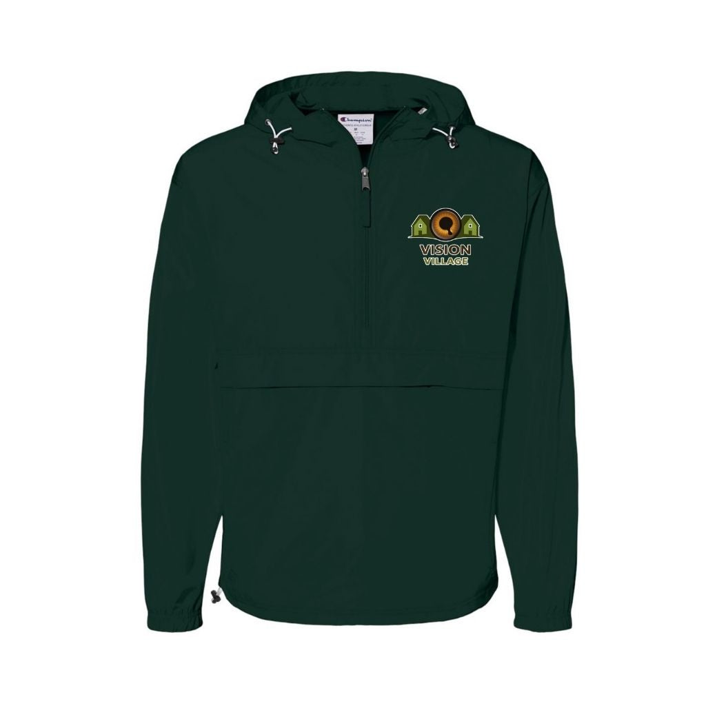 Dark green packable anorak jacket with Vision Village left chest logo