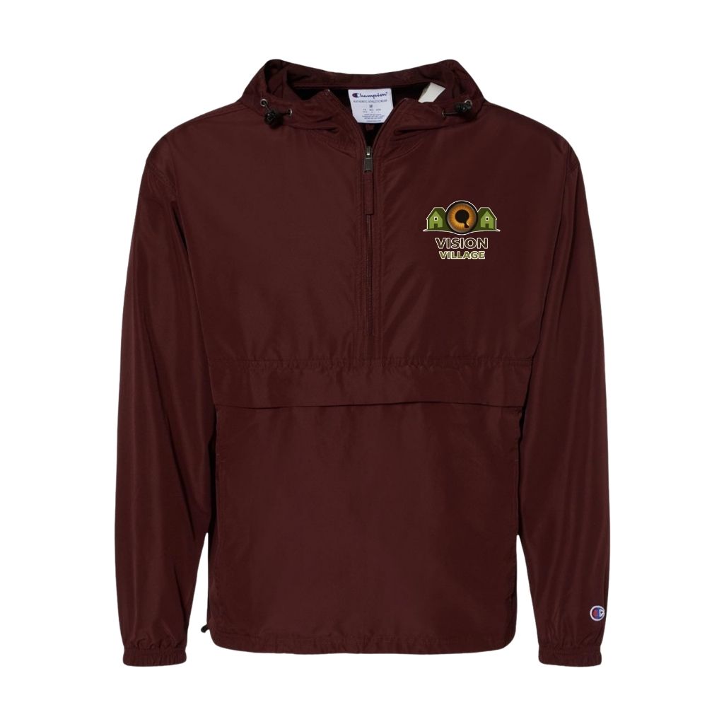 Maroon packable anorak jacket with Vision Village left chest logo
