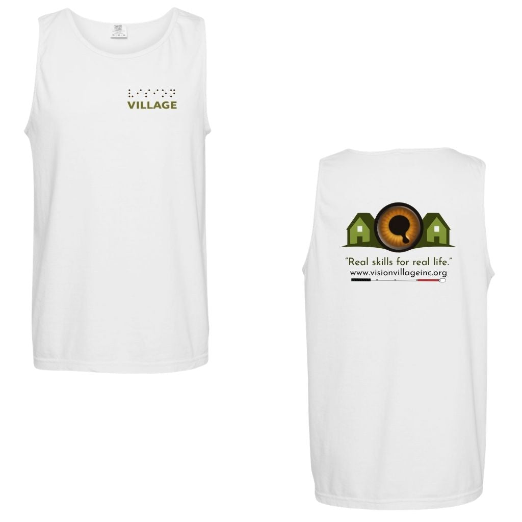 White tank top with left chest graphic on the front that has the word vision in braille and the word village in print. The back has the Vision Village logo with the words “real skills for real life” underneath. Below that is the non-profit’s email address, www.visionvillageinc.org, and a graphic of a white cane.