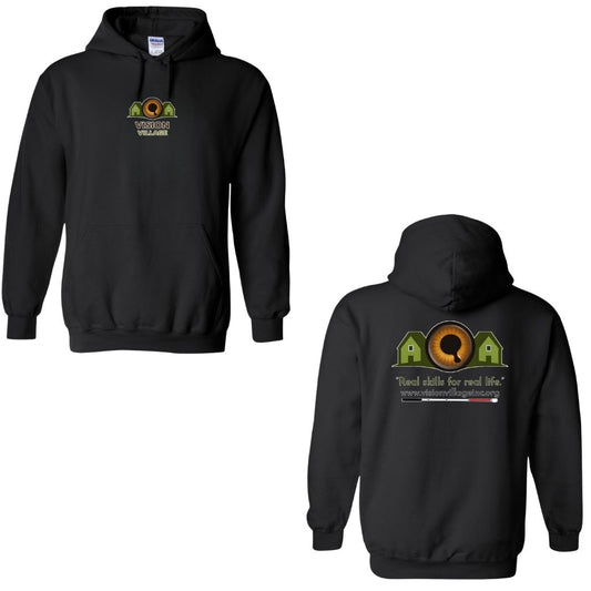 Black hoodie with small Vision Village graphic on the front in the middle of the chest. The back has the Vision Village logo with the words “real skills for real life” underneath. Below that is the non-profit’s email address, www.visionvillageinc.org, and a graphic of a white cane.