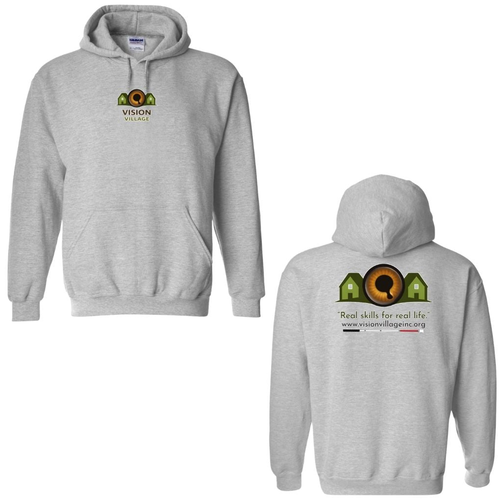 Sport gray hoodie with small Vision Village graphic on the front in the middle of the chest. The back has the Vision Village logo with the words “real skills for real life” underneath. Below that is the non-profit’s email address, www.visionvillageinc.org, and a graphic of a white cane.