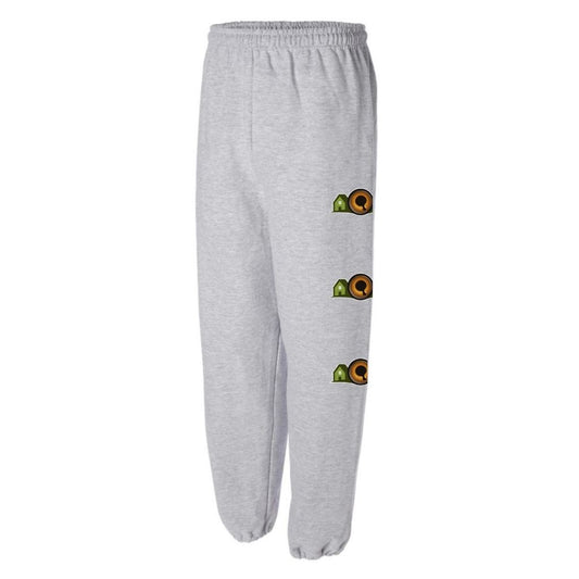Sport gray sweatpants with the Vision Village logo three times down the left leg.