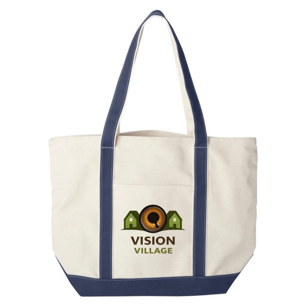 Navy and natural extra large canvas tote with Vision Village logo on front