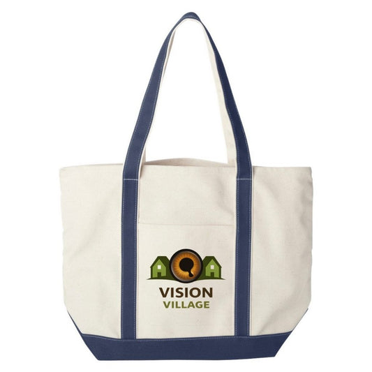 Navy and natural extra large canvas tote with Vision Village logo on front
