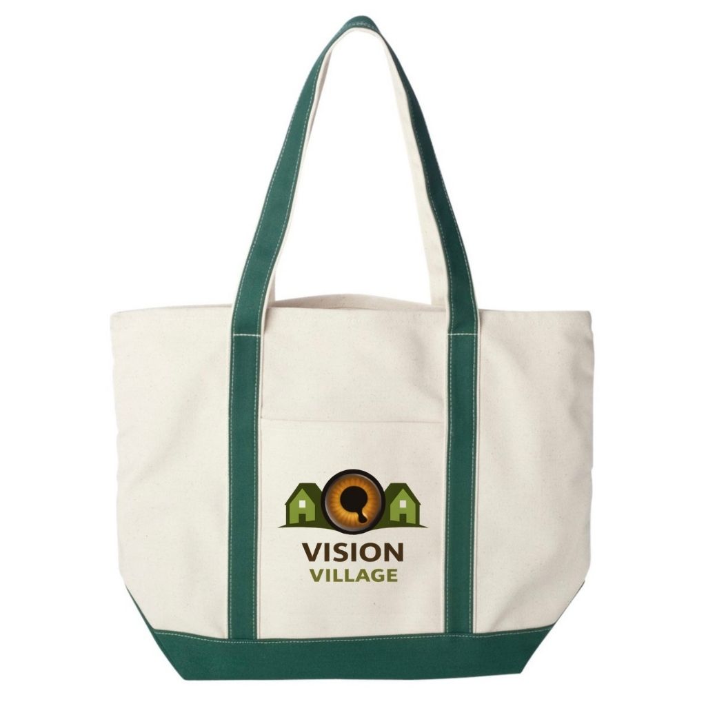 Forest green and natural extra large canvas tote with Vision Village logo on front