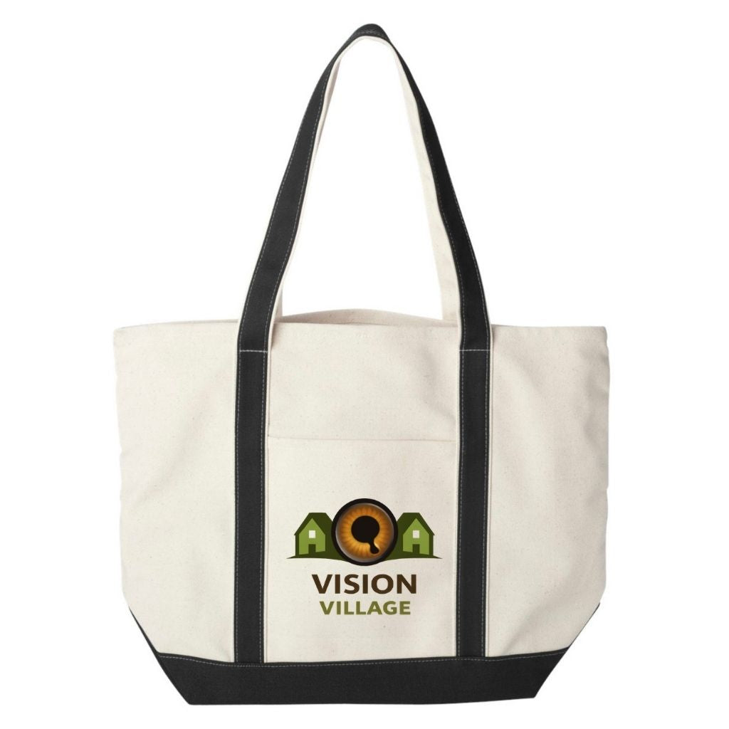 Black and natural extra large canvas tote with Vision Village logo on front