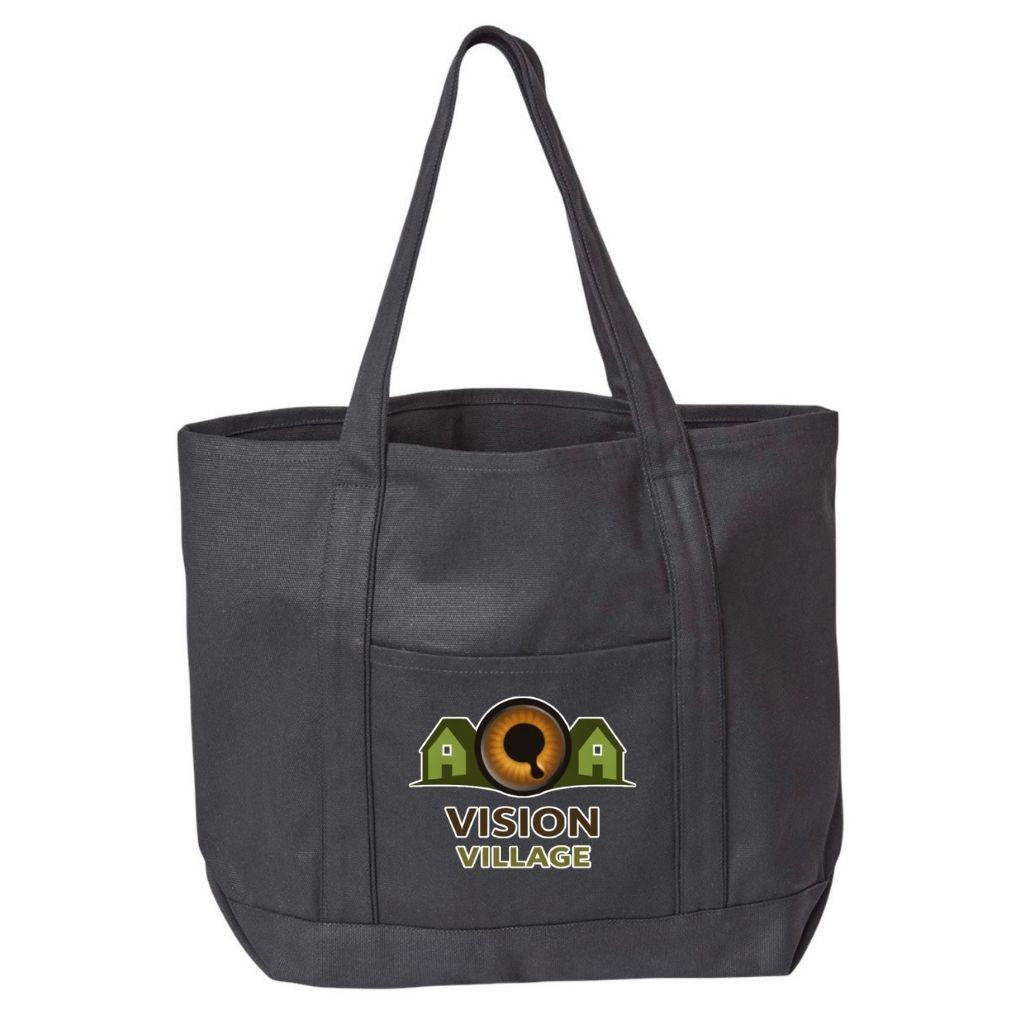 Black extra large canvas tote with Vision Village logo on front