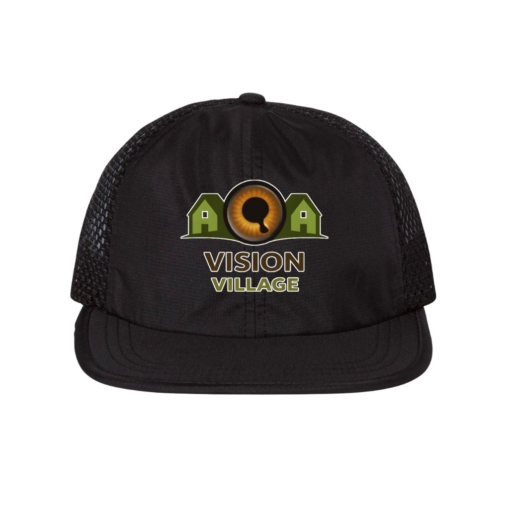Black dri-fit hat with mesh sides and back with the vision village logo on the front 