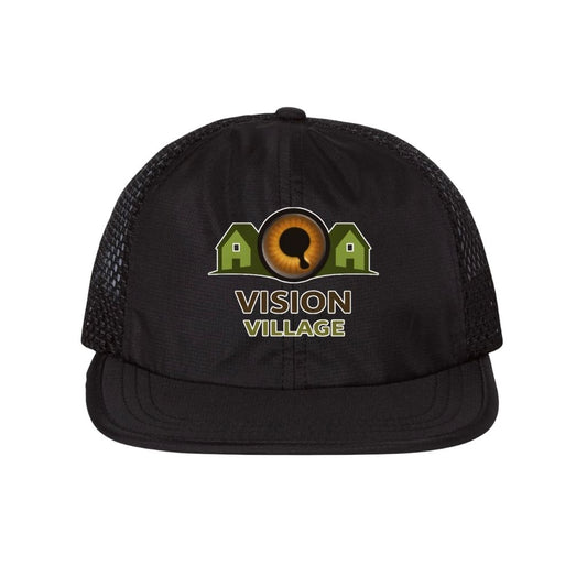 Black dri-fit hat with mesh sides and back with the vision village logo on the front 