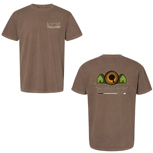 Expresso t-shirt with left chest graphic on the front that has the word vision in braille and the word village in print. The back has the Vision Village logo with the words “real skills for real life” underneath. Below that is the non-profit’s email address, www.visionvillageinc.org, and a graphic of a white cane.