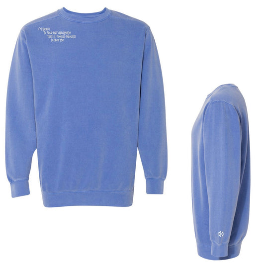Curate Embroidered Quote Sweatshirt “I’m Ready to Face Any Challenge that is Foolish Enough to Face Me”—PREORDER-items will be available for pick up at the conference in the merch area.