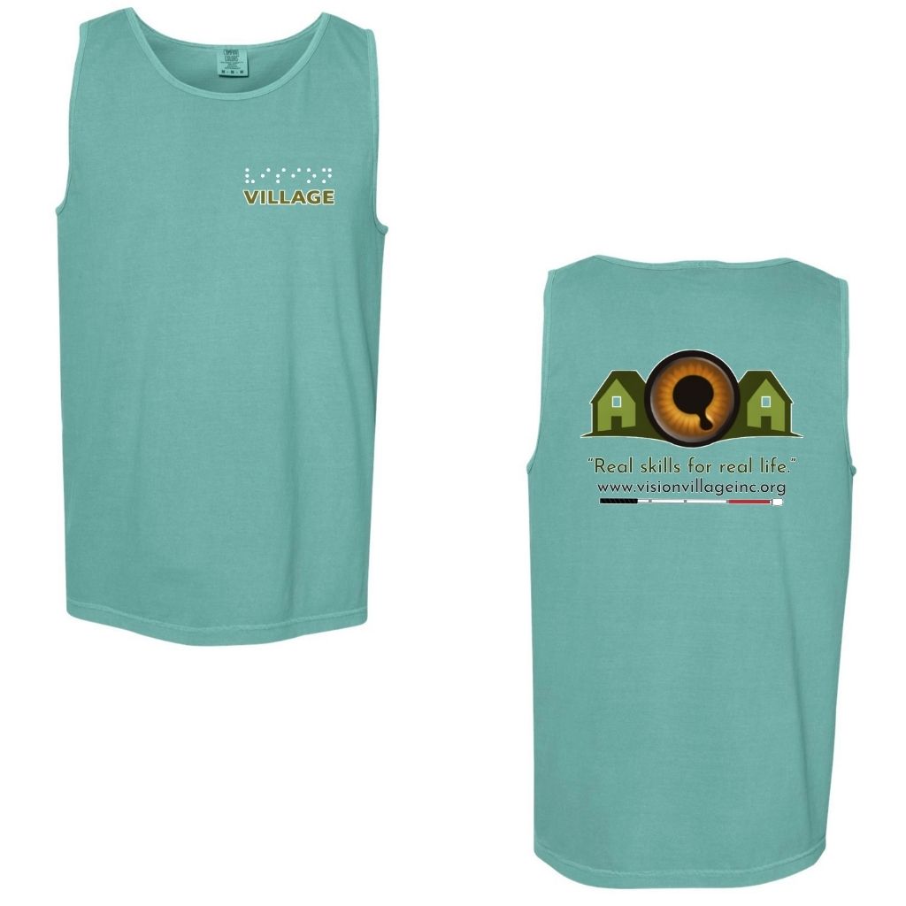 Seafoam tank top with left chest graphic on the front that has the word vision in braille and the word village in print. The back has the Vision Village logo with the words “real skills for real life” underneath. Below that is the non-profit’s email address, www.visionvillageinc.org, and a graphic of a white cane.