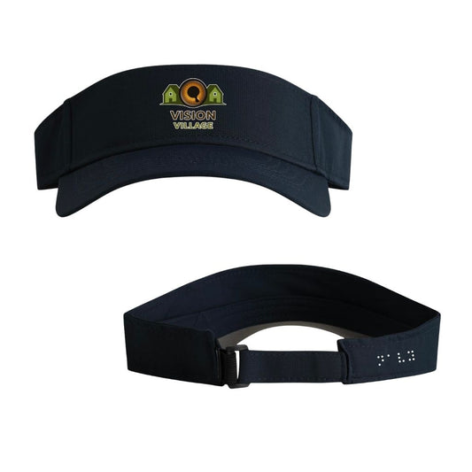 Navy visor with vision village logo on the front, and the word navy in braille on the back