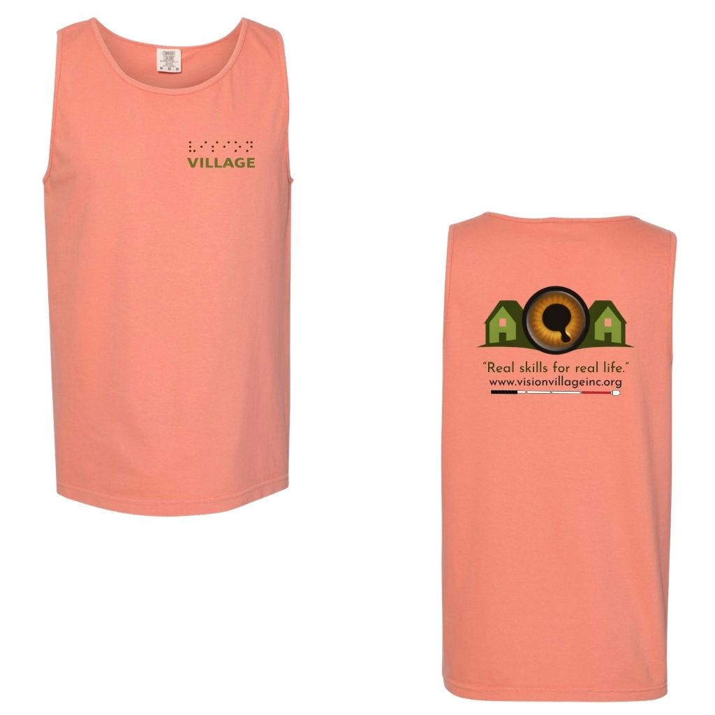 Terra cotta tank top with left chest graphic on the front that has the word vision in braille and the word village in print. The back has the Vision Village logo with the words “real skills for real life” underneath. Below that is the non-profit’s email address, www.visionvillageinc.org, and a graphic of a white cane.