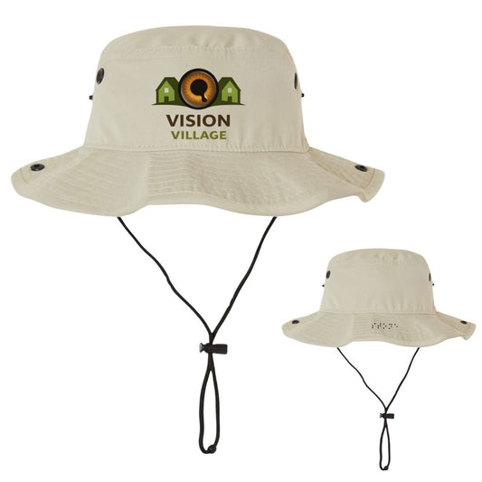Khaki booney bucket hat with the vision village logo on the front and khaki in braille on the back rim 