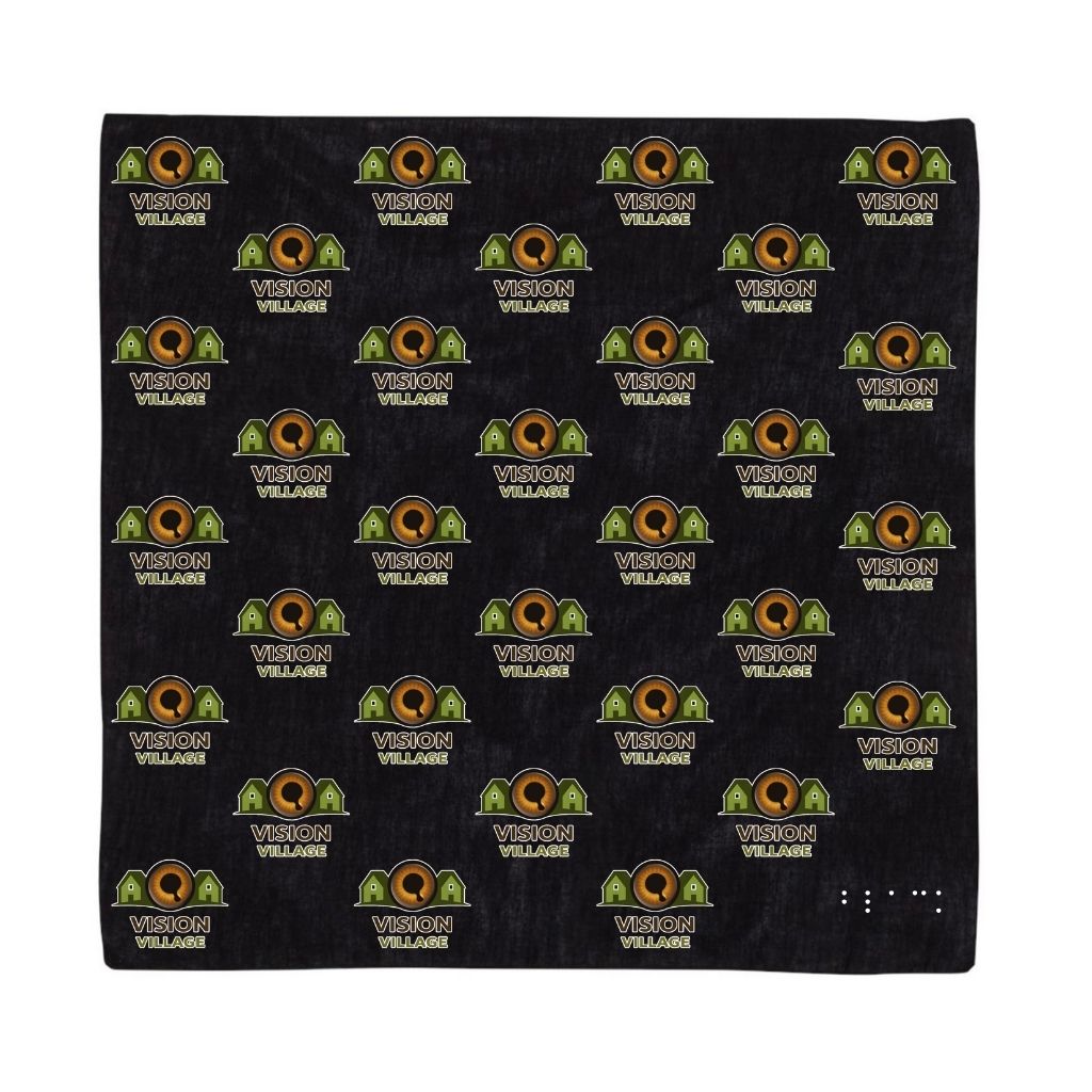 Black bandana, small vision village logos all over it and the word black in braille in the bottom right corner