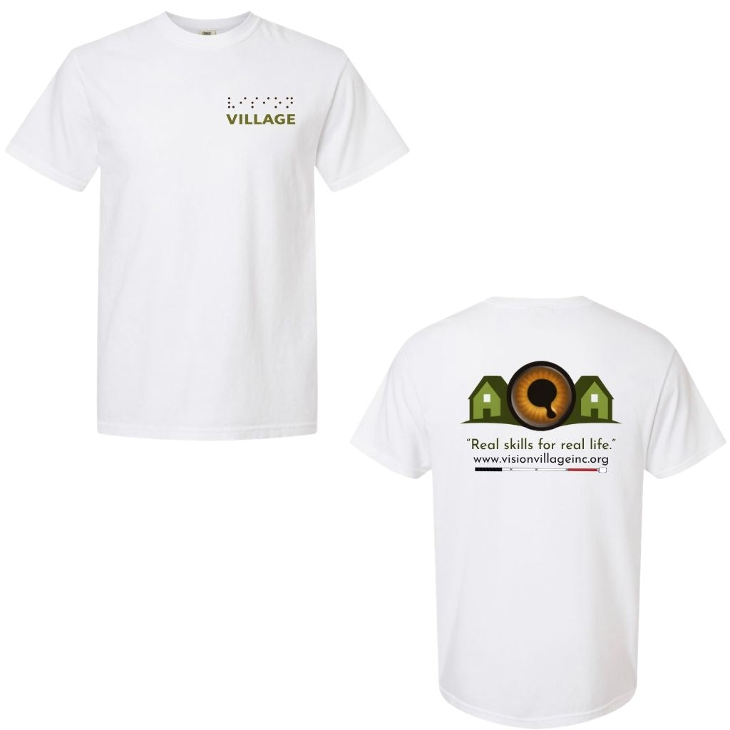 White t-shirt with left chest graphic on the front that has the word vision in braille and the word village in print. The back has the Vision Village logo with the words “real skills for real life” underneath. Below that is the non-profit’s email address, www.visionvillageinc.org, and a graphic of a white cane.