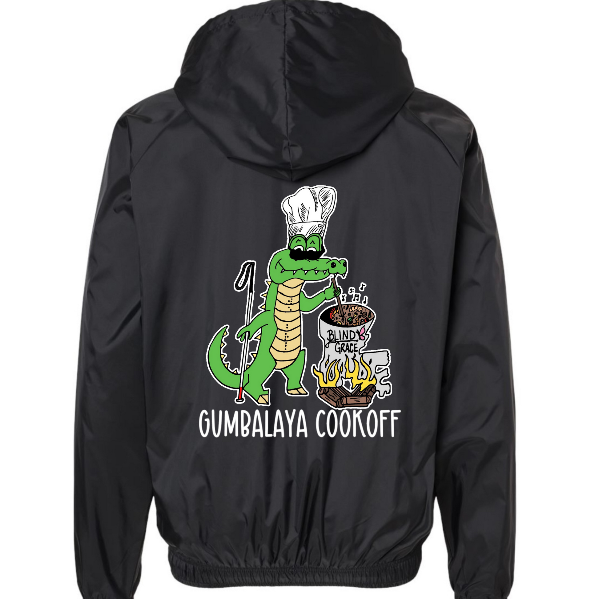 Back of black rain jacket with Gumbalaya logo (alligator with “we braille” down the chest cooking a pot of food that has Blind Grace logo on it) with GUMBALAYA COOKOFF under the logo 