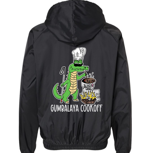 Back of black rain jacket with Gumbalaya logo (alligator with “we braille” down the chest cooking a pot of food that has Blind Grace logo on it) with GUMBALAYA COOKOFF under the logo 