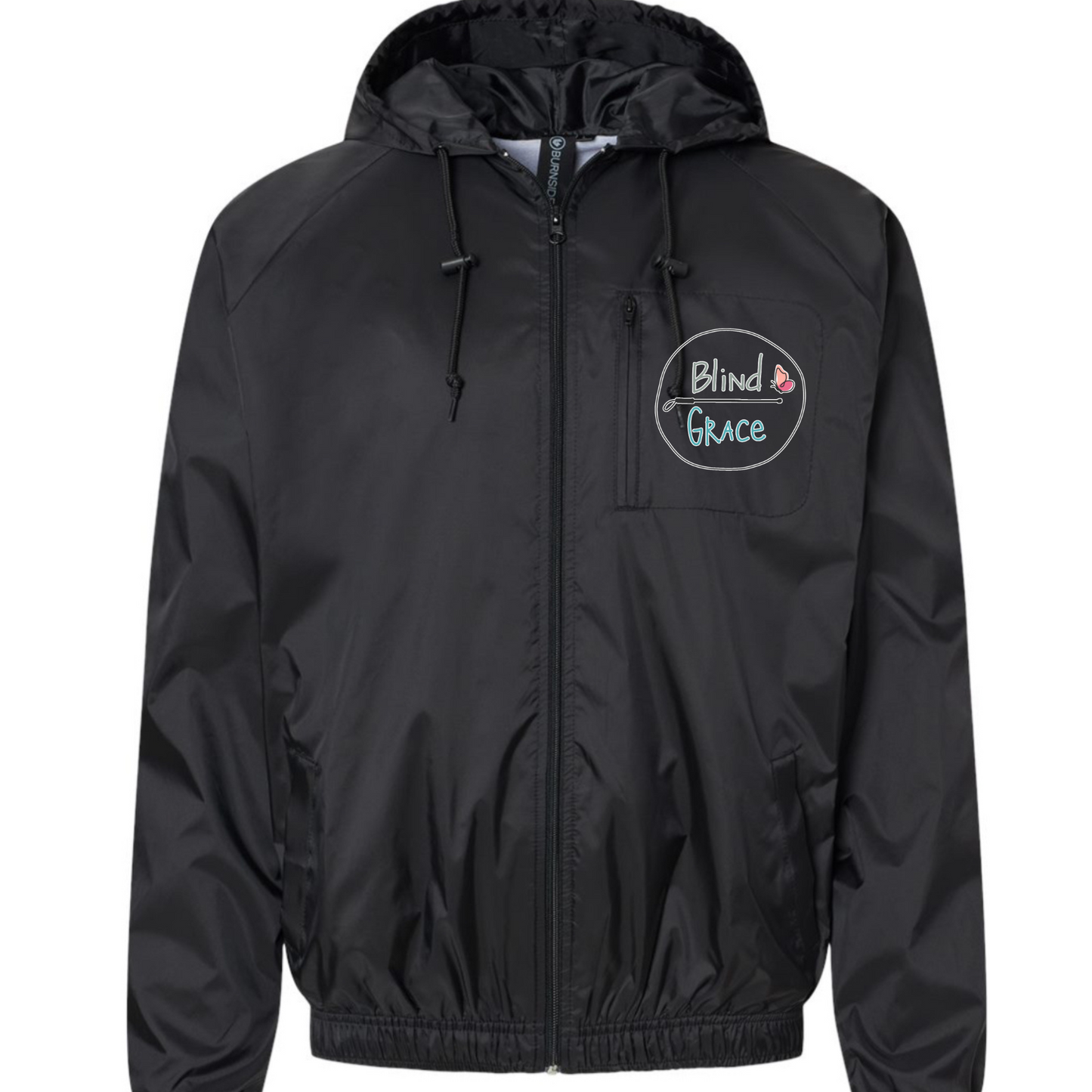 Front of black rain jacket with blind Grace original logo (blind in olive green over a cane with Grace in turquoise and a pink and peach butterfly) at left chest 