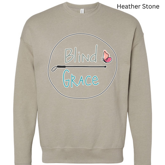 Heather stone crewneck sweatshirt with the original blind Grace logo (blind in olive green over a cane with Grace in turquoise and a pink and peach butterfly) outlined in white 