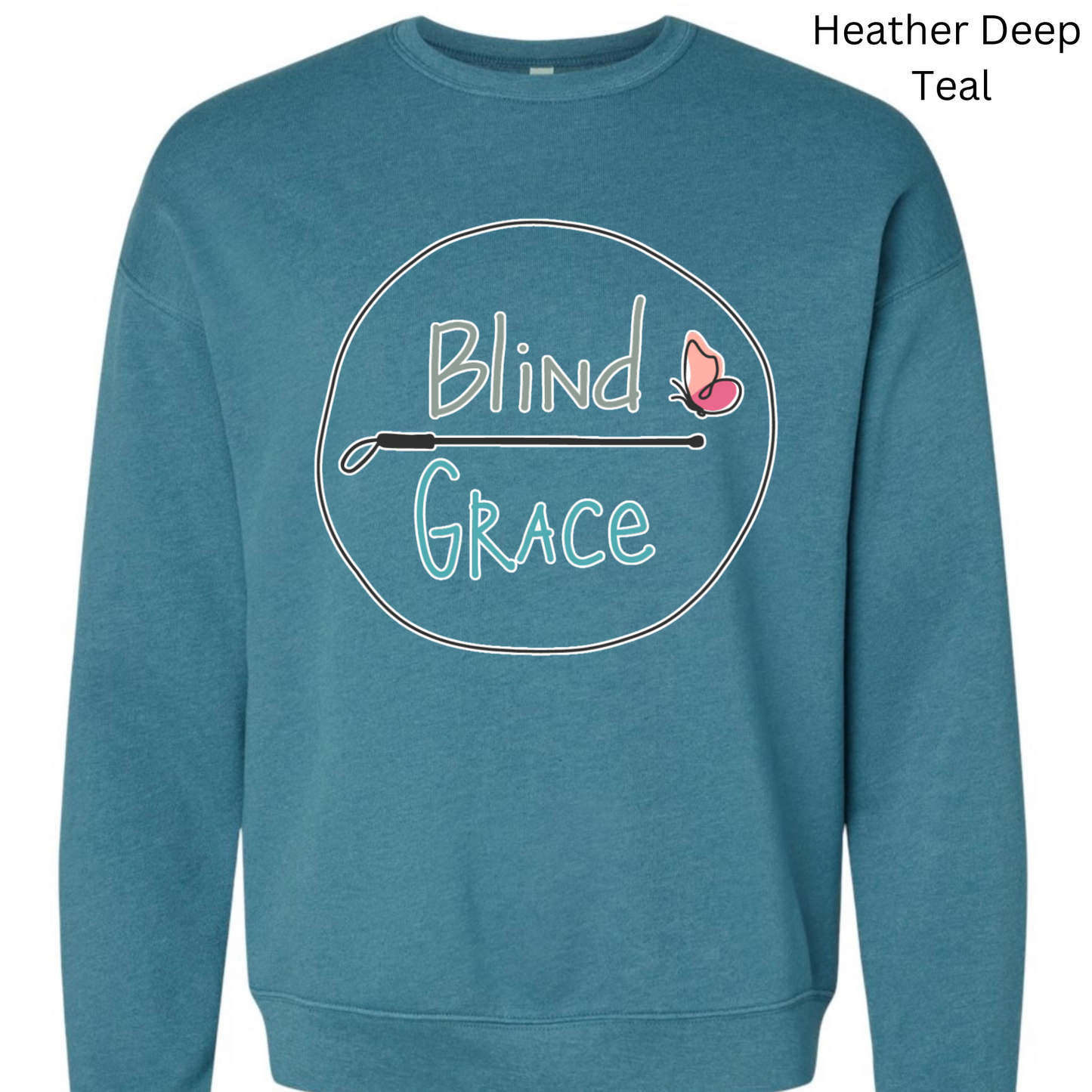 Heather deep teal crewneck sweatshirt with the original blind Grace logo (blind in olive green over a cane with Grace in turquoise and a pink and peach butterfly) outlined in white 