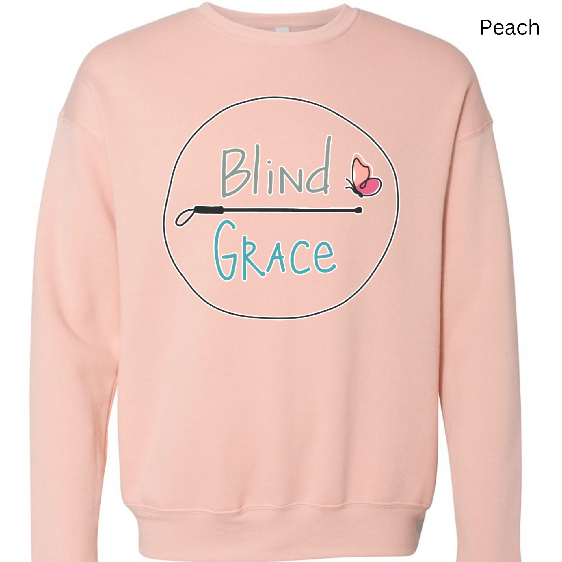 Peach crewneck sweatshirt with the original blind Grace logo (blind in olive green over a cane with Grace in turquoise and a pink and peach butterfly) outlined in white 