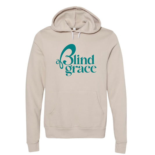 Cream hoodie with teal blind grace logo 