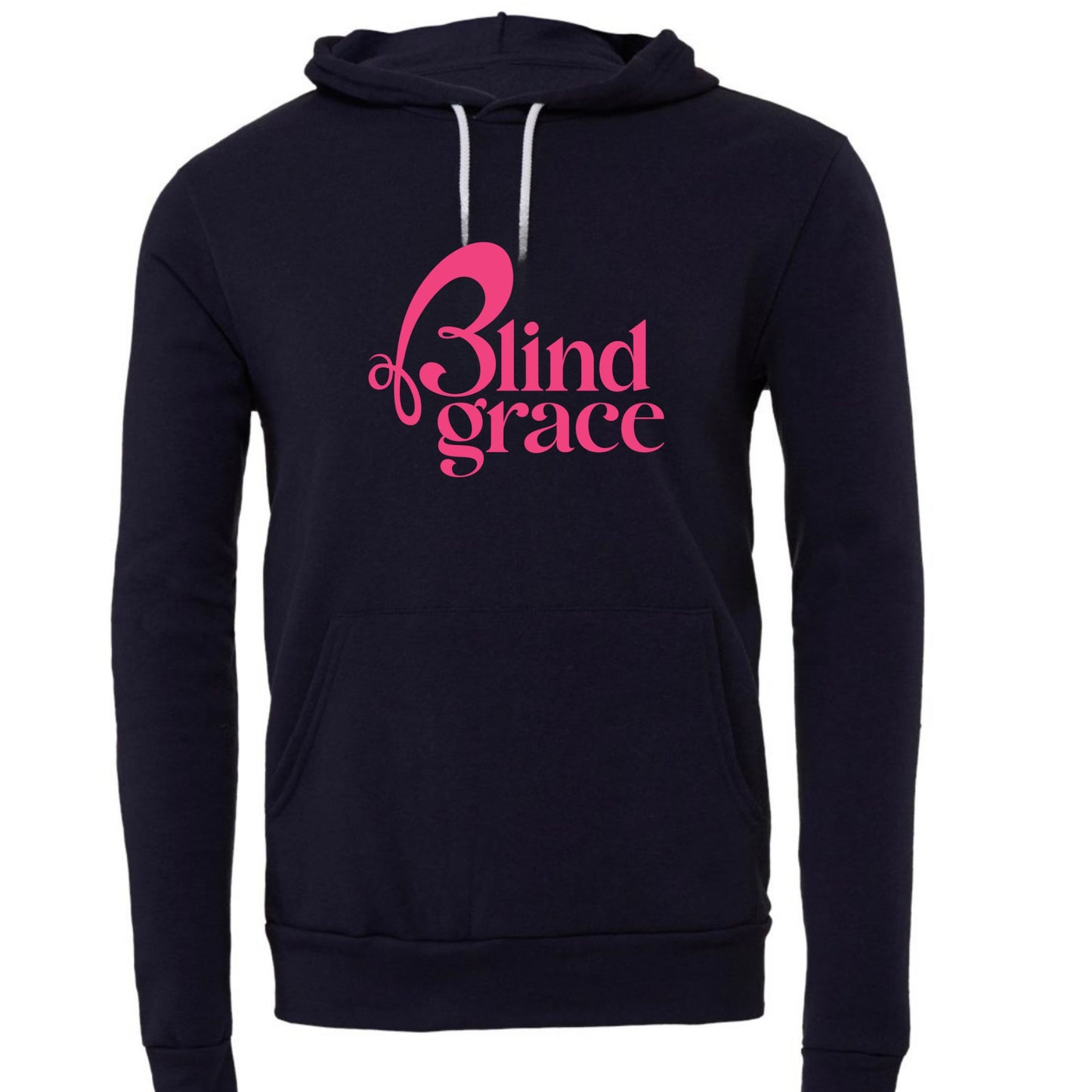 Navy hoodie with teal blind grace logo 