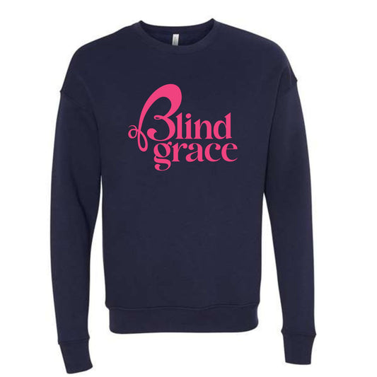 Navy sweatshirt with a hot pink blind grace logo