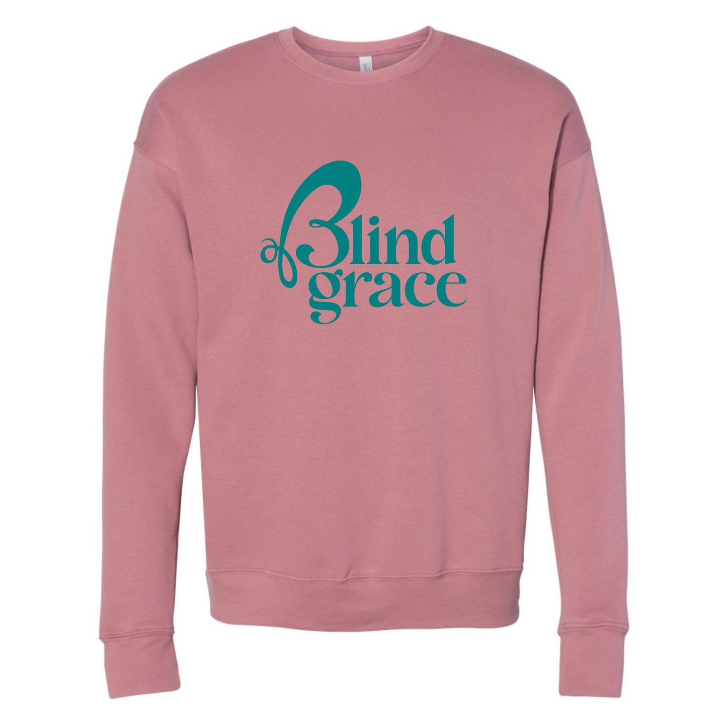 Mauve sweatshirt with teal blind grace logo