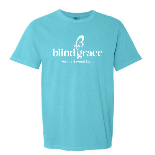 Lagoon blue t-shirt with white blind grace logo and tag line, ‘feeling beyond sight’