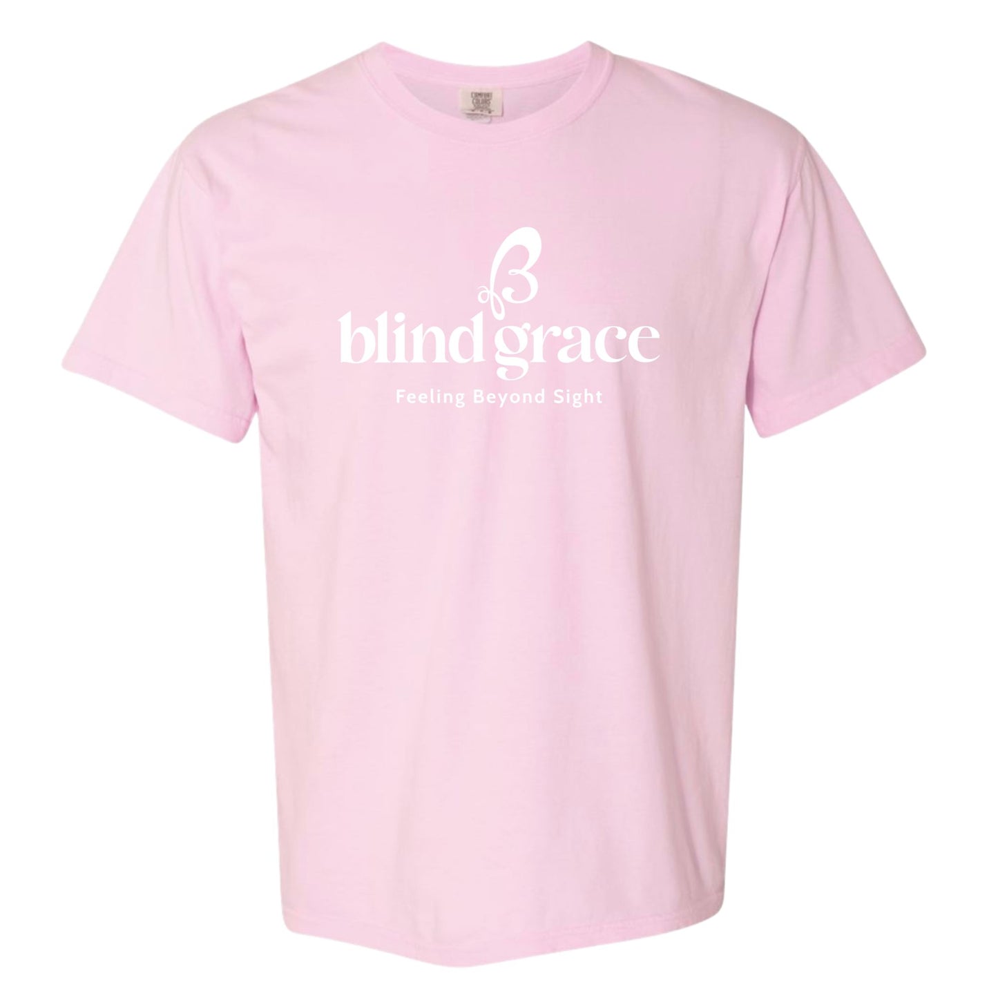 Pink t-shirt with white blind grace logo and tag line, ‘feeling beyond sight’