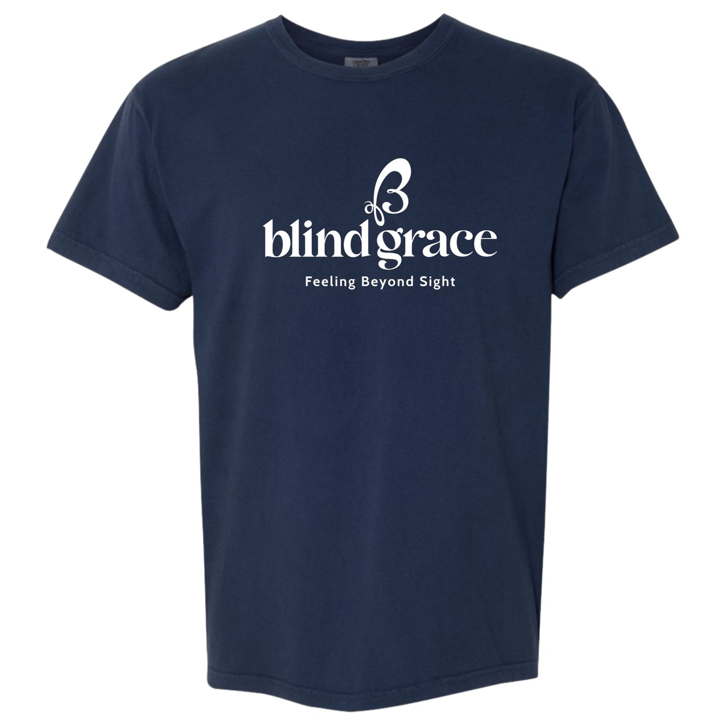 Navy t-shirt with white blind grace logo and tag line, ‘feeling beyond sight’